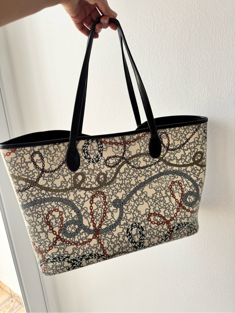 TOUS Canvas Tote Bag with Rope Chain Print - Black Trim